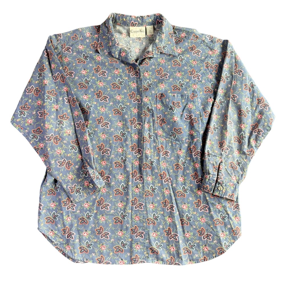 Copper Key Mens Large Blue Floral Butterfly Print Cotton Button‎ Down Shirt Vtg